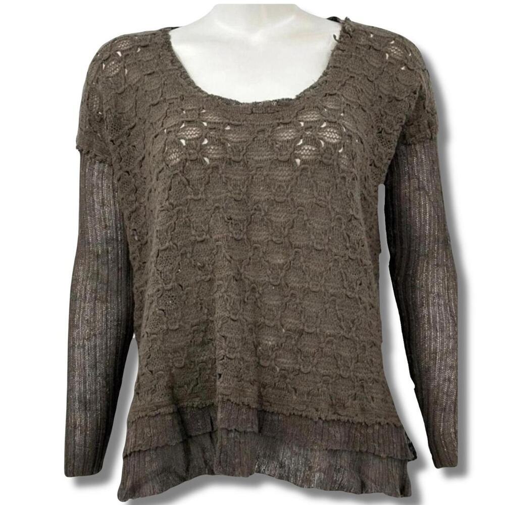 Free People brown crochet top with ruffle hem and long sleeves size XS